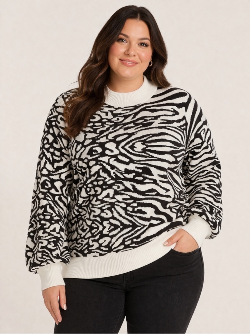 Adyson Parker Pattern Mock Neck Sweater Black White 1X Statement‎ Modern Chic